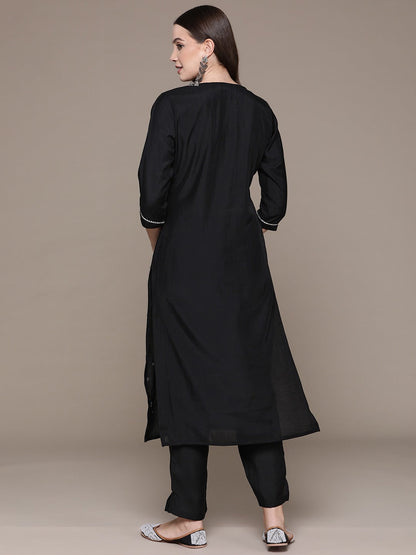 Straight Style Silk Fabric Black Color Embroidered & Mirror Work Kurti With Palazzo