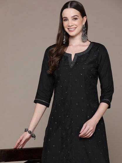 Straight Style Silk Fabric Black Color Embroidered & Mirror Work Kurti With Palazzo