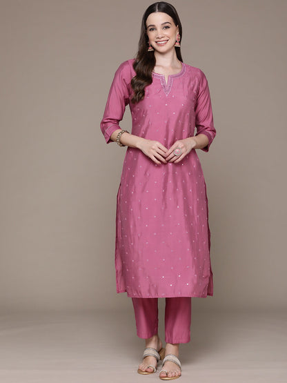 Straight Style Silk Fabric Pink Color Embroidered & Mirror Work Kurti With Palazzo