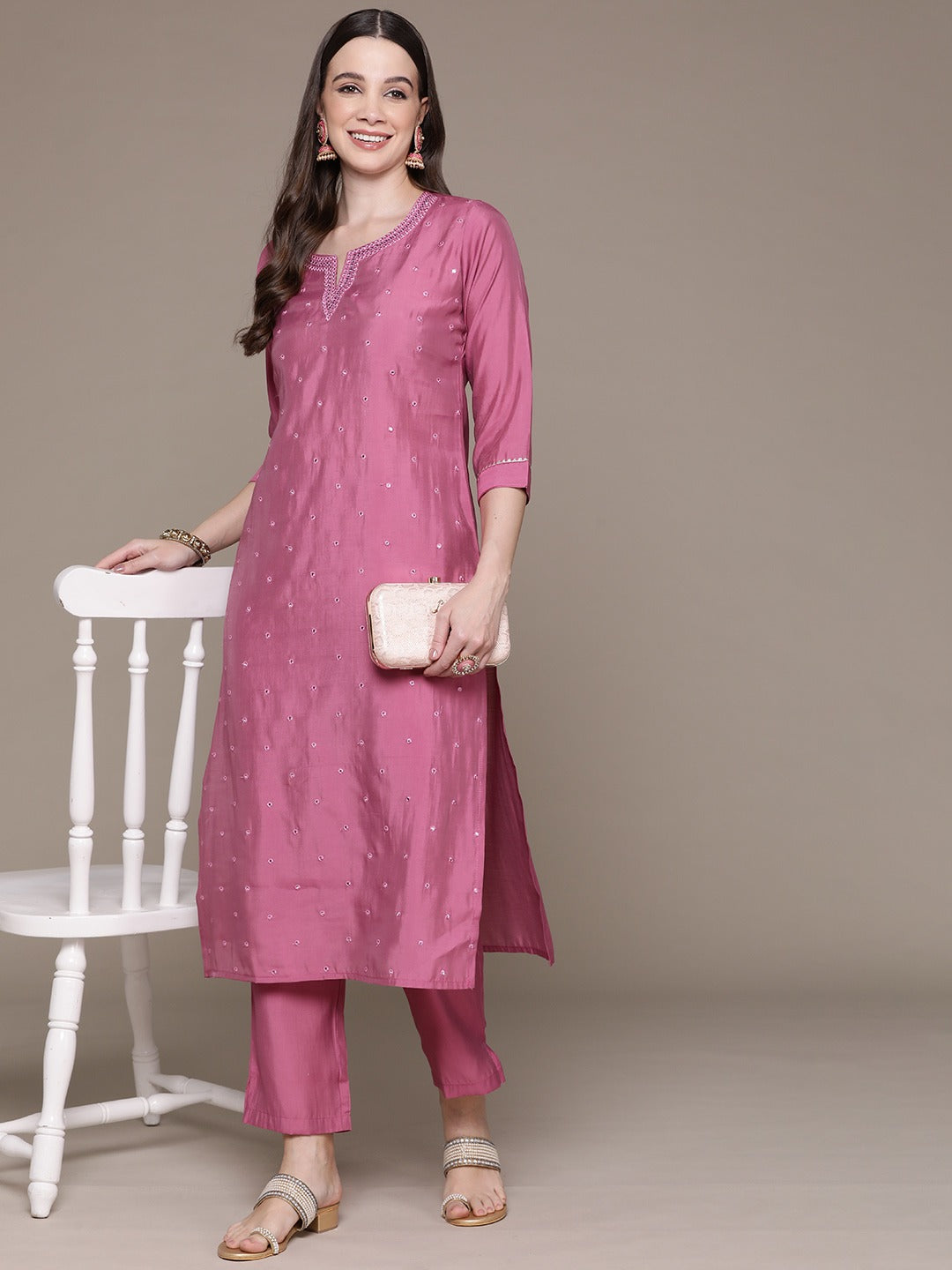 Straight Style Silk Fabric Pink Color Embroidered & Mirror Work Kurti With Palazzo