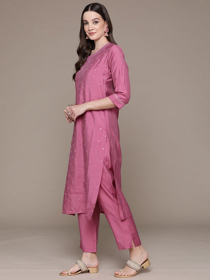 Straight Style Silk Fabric Pink Color Embroidered & Mirror Work Kurti With Palazzo