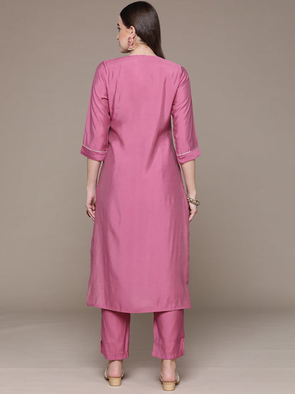 Straight Style Silk Fabric Pink Color Embroidered & Mirror Work Kurti With Palazzo