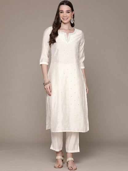 Straight Style Silk Fabric Cream Color Embroidered & Mirror Work Kurti With Palazzo