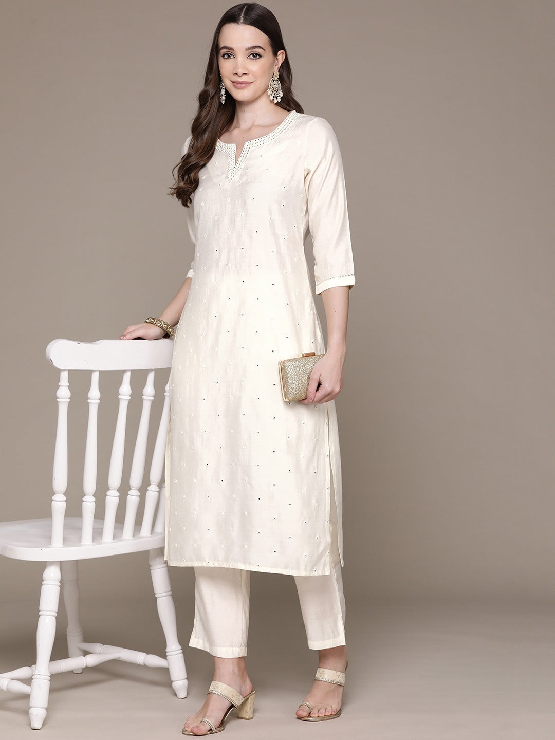 Straight Style Silk Fabric Cream Color Embroidered & Mirror Work Kurti With Palazzo