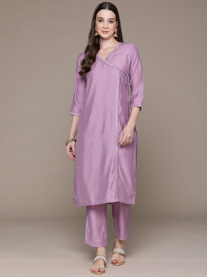 Straight Style Silk Fabric Violet Color Embroidered Work Kurti With Palazzo