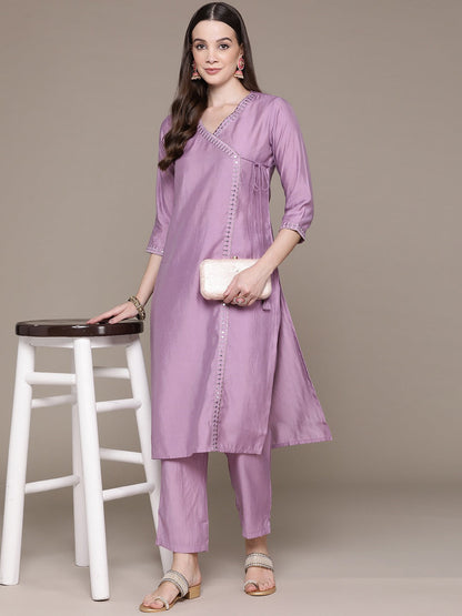 Straight Style Silk Fabric Violet Color Embroidered Work Kurti With Palazzo