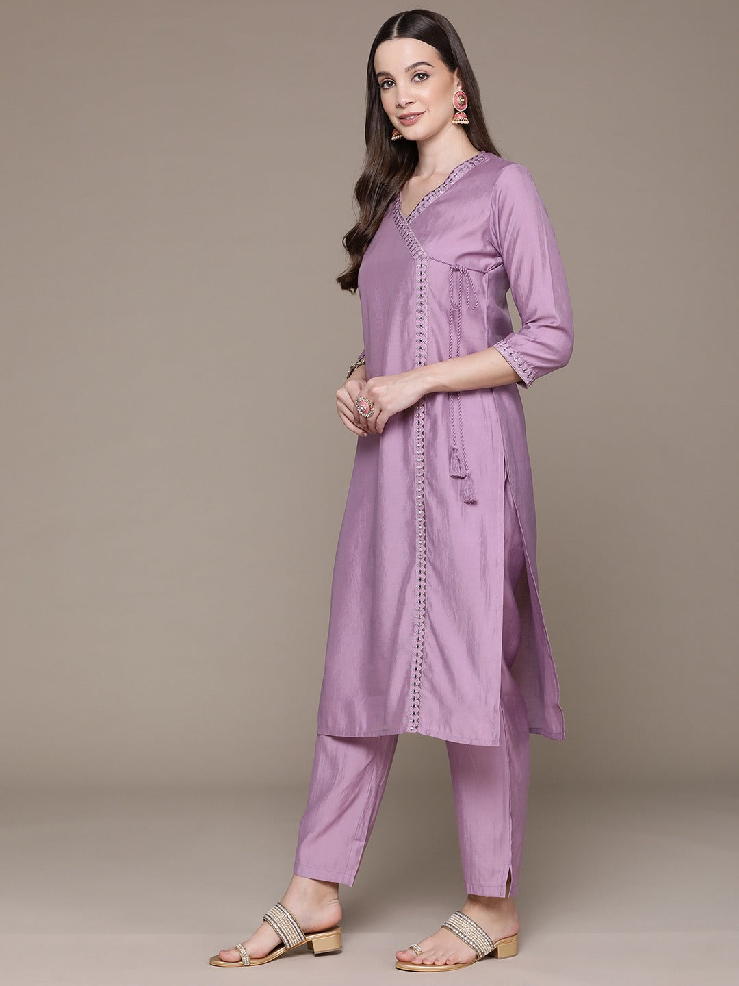 Straight Style Silk Fabric Violet Color Embroidered Work Kurti With Palazzo