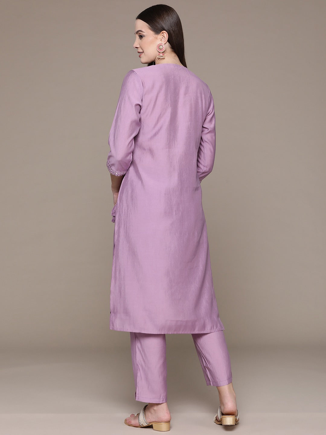 Straight Style Silk Fabric Violet Color Embroidered Work Kurti With Palazzo