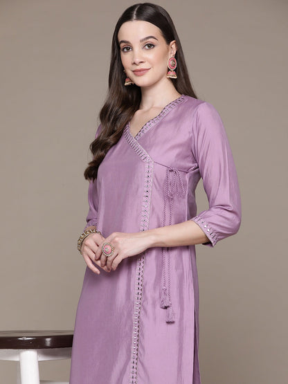 Straight Style Silk Fabric Violet Color Embroidered Work Kurti With Palazzo