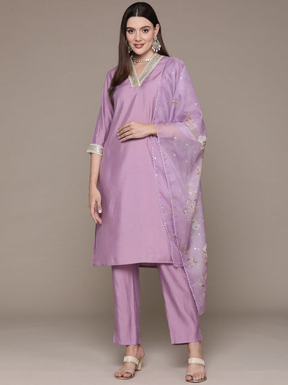 Straight Style Silk Fabric Violet Color Sequined Kurti With Palazzo And Dupatta