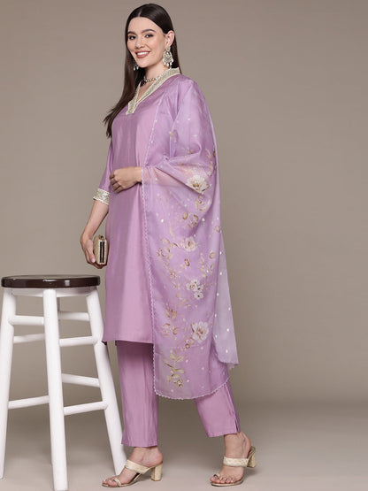 Straight Style Silk Fabric Violet Color Sequined Kurti With Palazzo And Dupatta