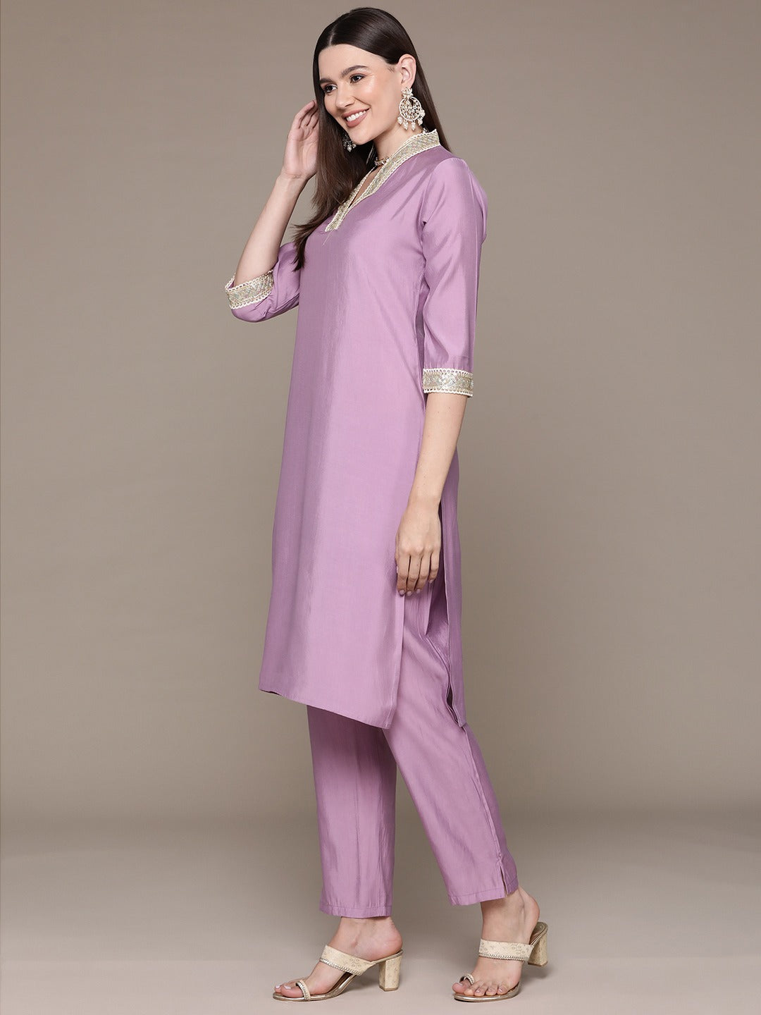 Straight Style Silk Fabric Violet Color Sequined Kurti With Palazzo And Dupatta