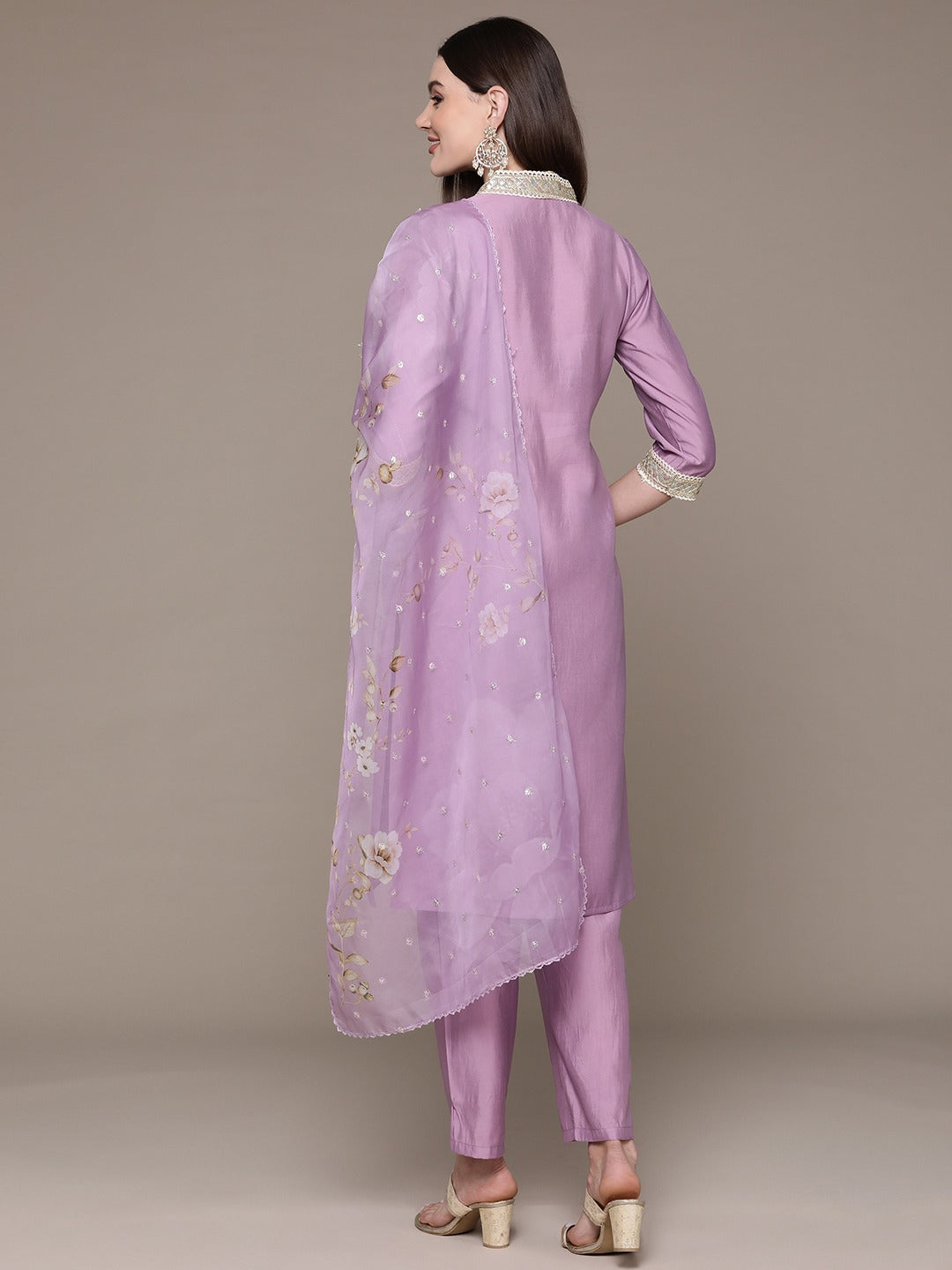 Straight Style Silk Fabric Violet Color Sequined Kurti With Palazzo And Dupatta