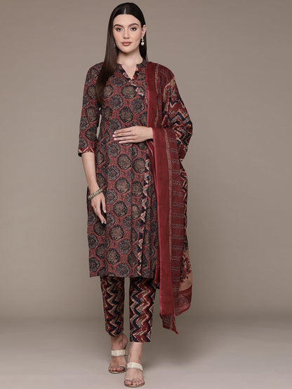 Straight Style Cotton Fabric Red Color Printed Kurti With Palazzo And Dupatta