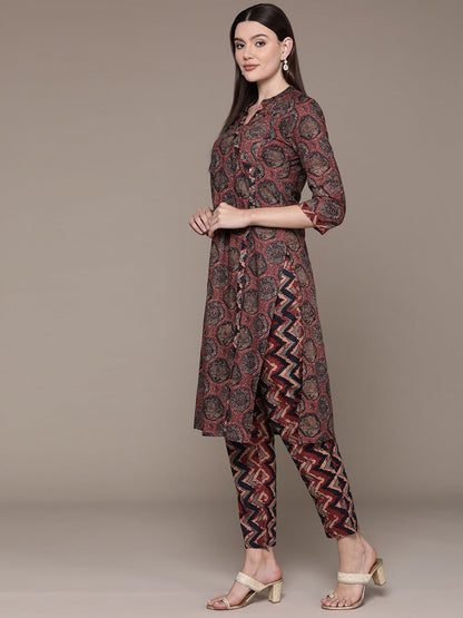 Straight Style Cotton Fabric Red Color Printed Kurti With Palazzo And Dupatta