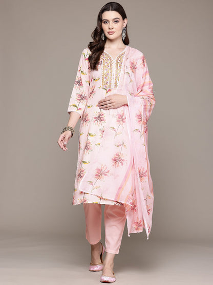 Straight Style Cotton Fabric Peach Color Floral Printed Kurti With Palazzo And Dupatta With Thread Work