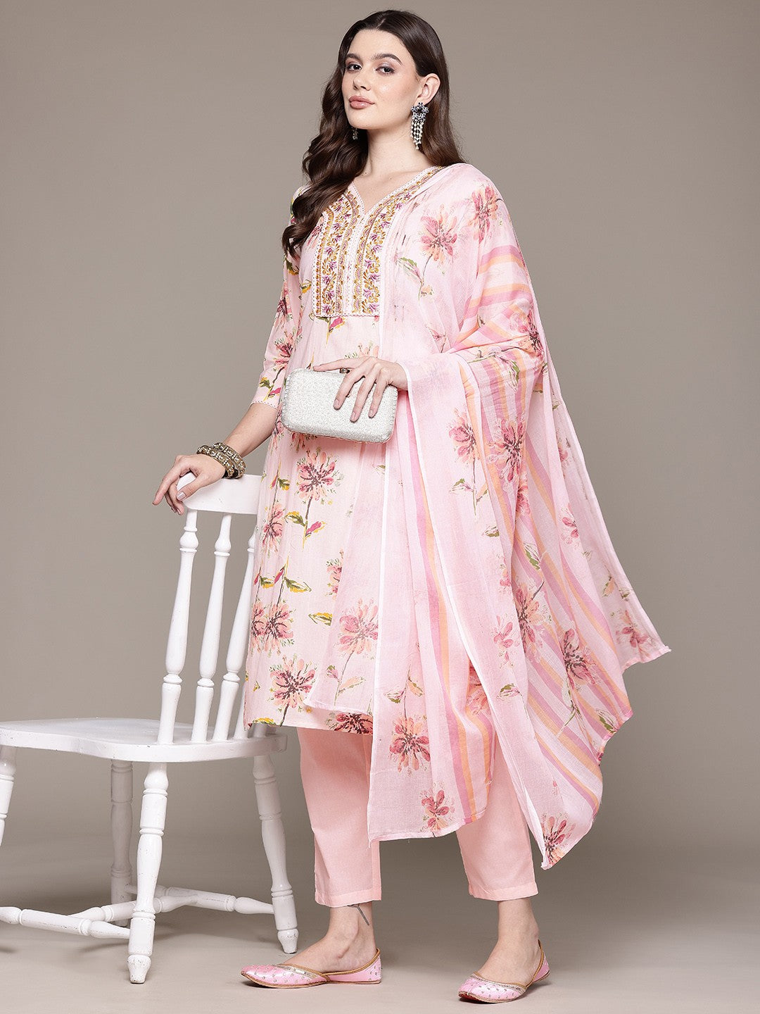 Straight Style Cotton Fabric Peach Color Floral Printed Kurti With Palazzo And Dupatta With Thread Work