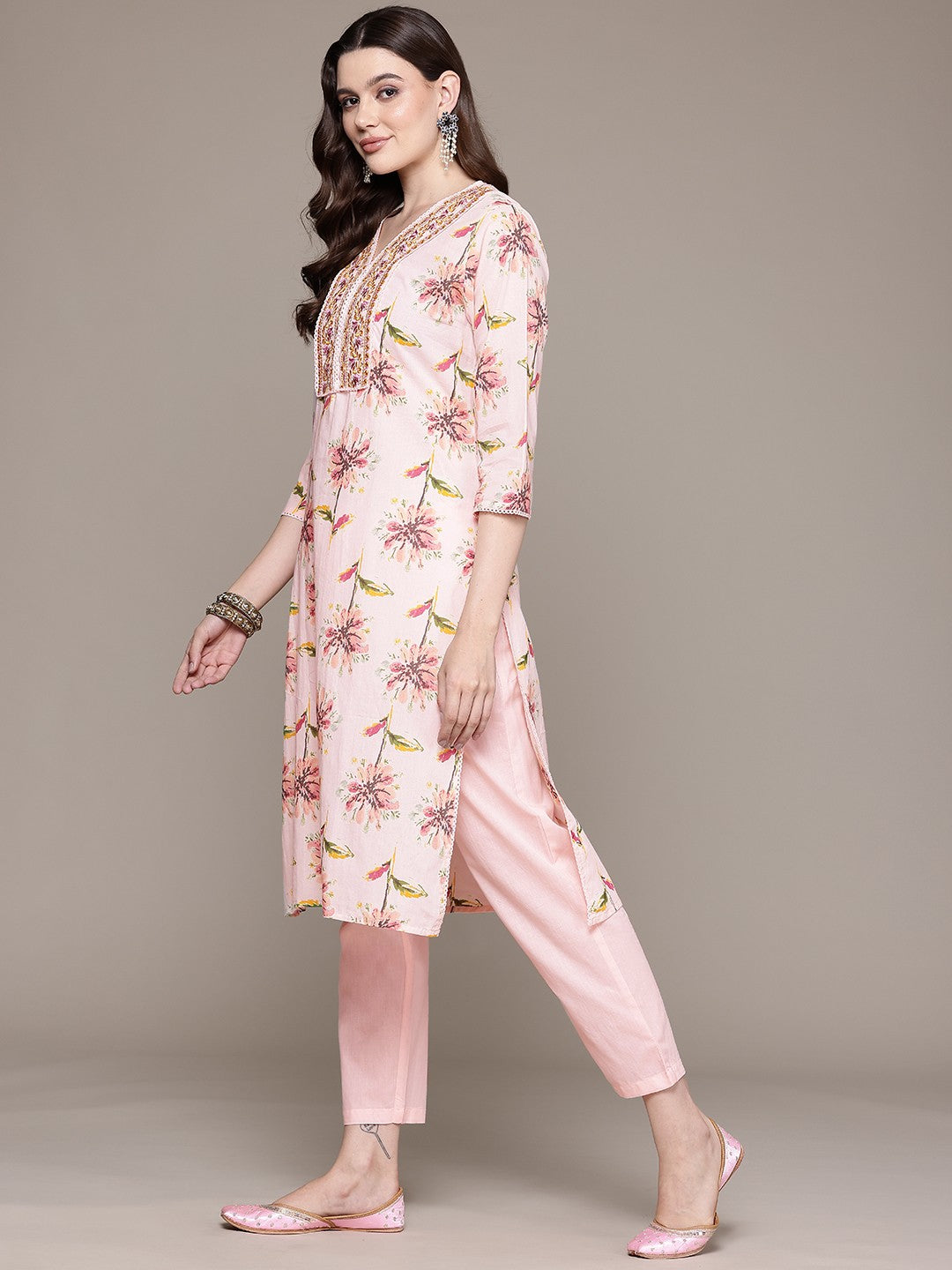 Straight Style Cotton Fabric Peach Color Floral Printed Kurti With Palazzo And Dupatta With Thread Work