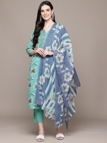 Straight Style Cotton Fabric Teal Color Floral Printed Kurti With Palazzo And Dupatta With Thread Work