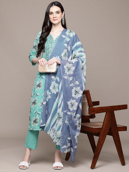 Straight Style Cotton Fabric Teal Color Floral Printed Kurti With Palazzo And Dupatta With Thread Work