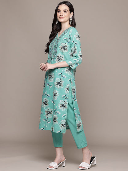 Straight Style Cotton Fabric Teal Color Floral Printed Kurti With Palazzo And Dupatta With Thread Work