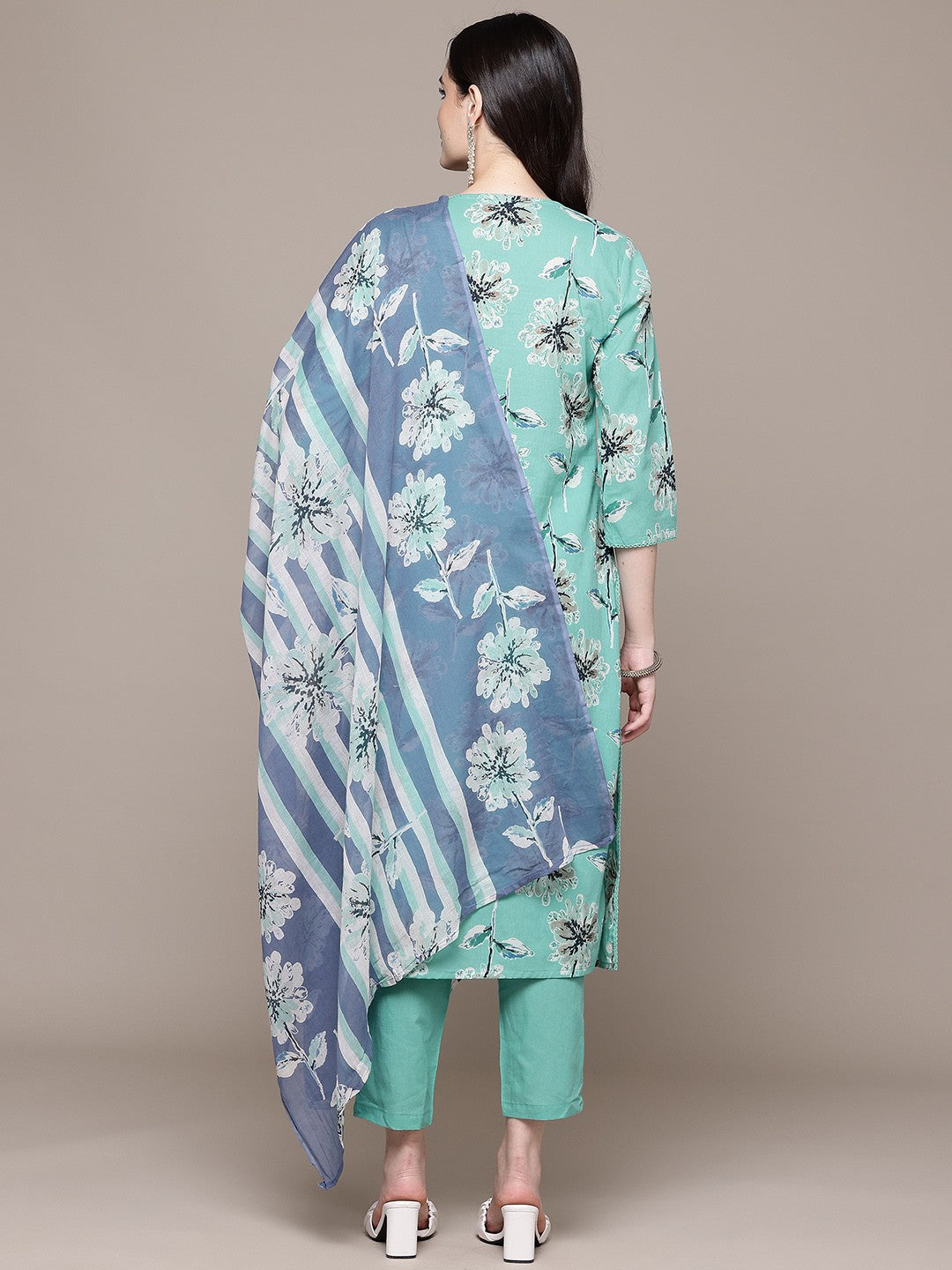 Straight Style Cotton Fabric Teal Color Floral Printed Kurti With Palazzo And Dupatta With Thread Work