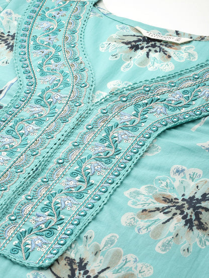 Straight Style Cotton Fabric Teal Color Floral Printed Kurti With Palazzo And Dupatta With Thread Work