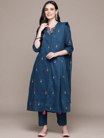 Straight Style Cotton Fabric Navy Blue Color Kurti With Palazzo And Dupatta With Thread Work