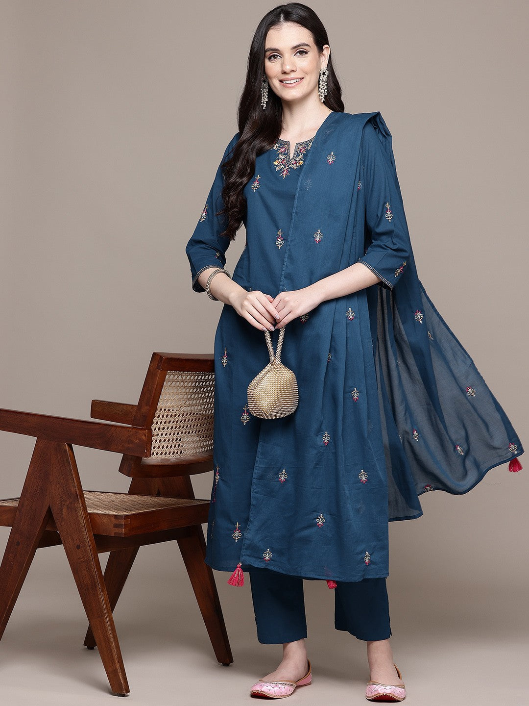 Straight Style Cotton Fabric Navy Blue Color Kurti With Palazzo And Dupatta With Thread Work