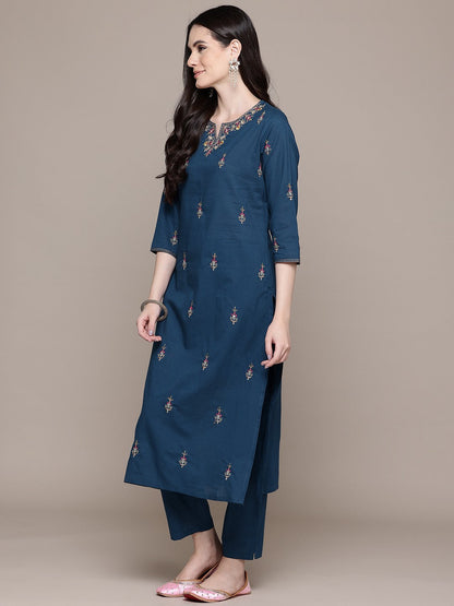 Straight Style Cotton Fabric Navy Blue Color Kurti With Palazzo And Dupatta With Thread Work