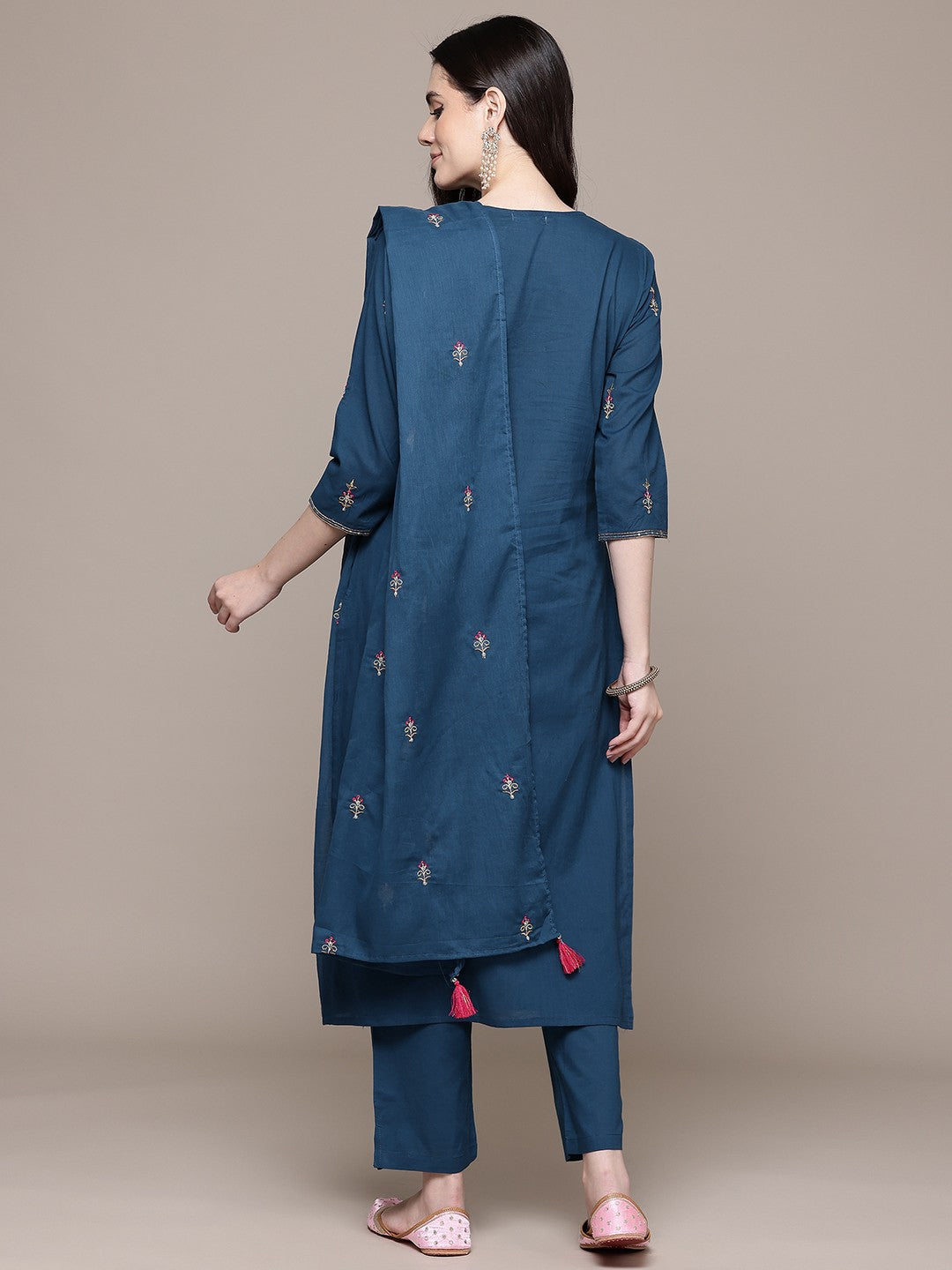 Straight Style Cotton Fabric Navy Blue Color Kurti With Palazzo And Dupatta With Thread Work