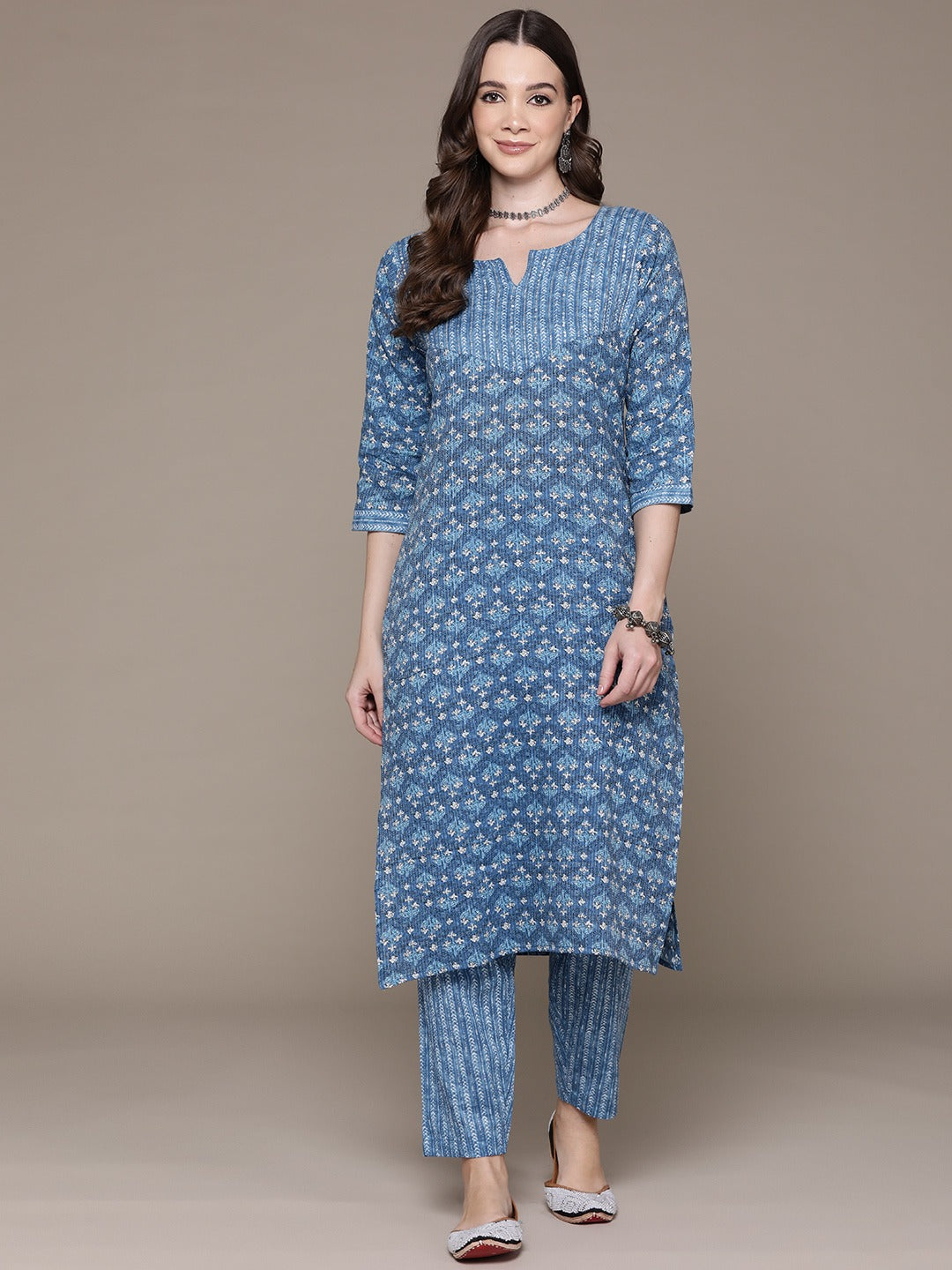 Straight Style Cotton Fabric Blue Color Floral Printed Beads Work Kurti With Palazzo