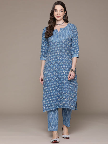 Straight Style Cotton Fabric Blue Color Floral Printed Beads Work Kurti With Palazzo