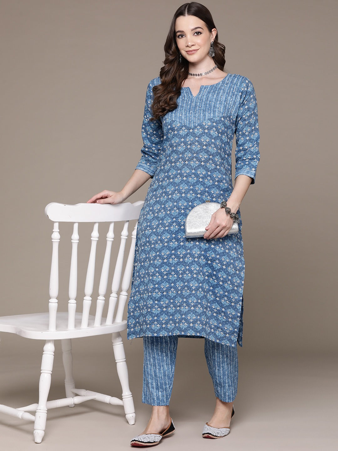 Straight Style Cotton Fabric Blue Color Floral Printed Beads Work Kurti With Palazzo