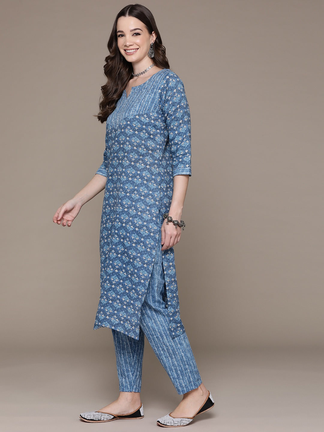 Straight Style Cotton Fabric Blue Color Floral Printed Beads Work Kurti With Palazzo