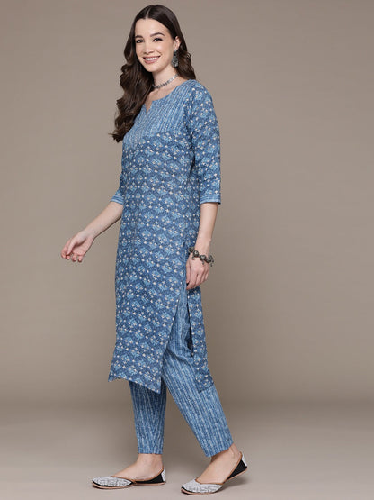 Straight Style Cotton Fabric Blue Color Floral Printed Beads Work Kurti With Palazzo