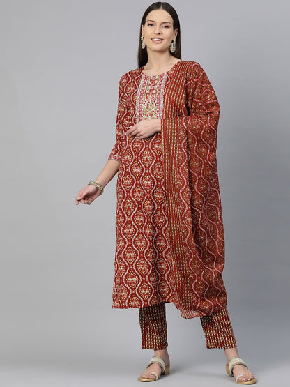 Straight Style Rayon Fabric Maroon Color Embroidered & Printed Kurti With Palazzo And Dupatta