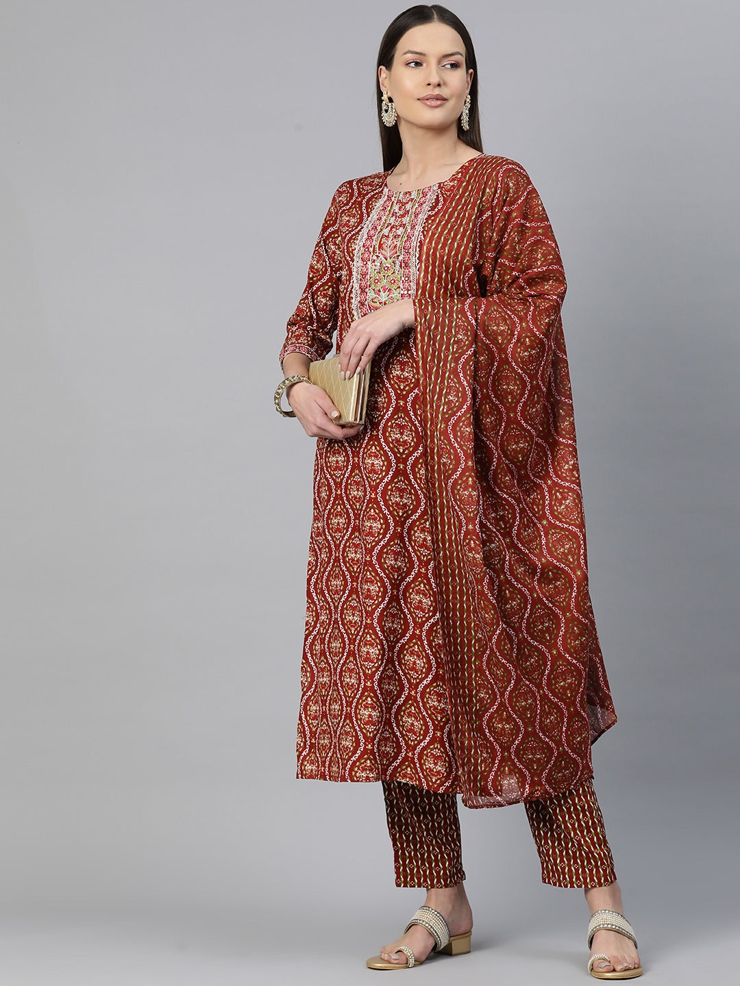 Straight Style Rayon Fabric Maroon Color Embroidered & Printed Kurti With Palazzo And Dupatta