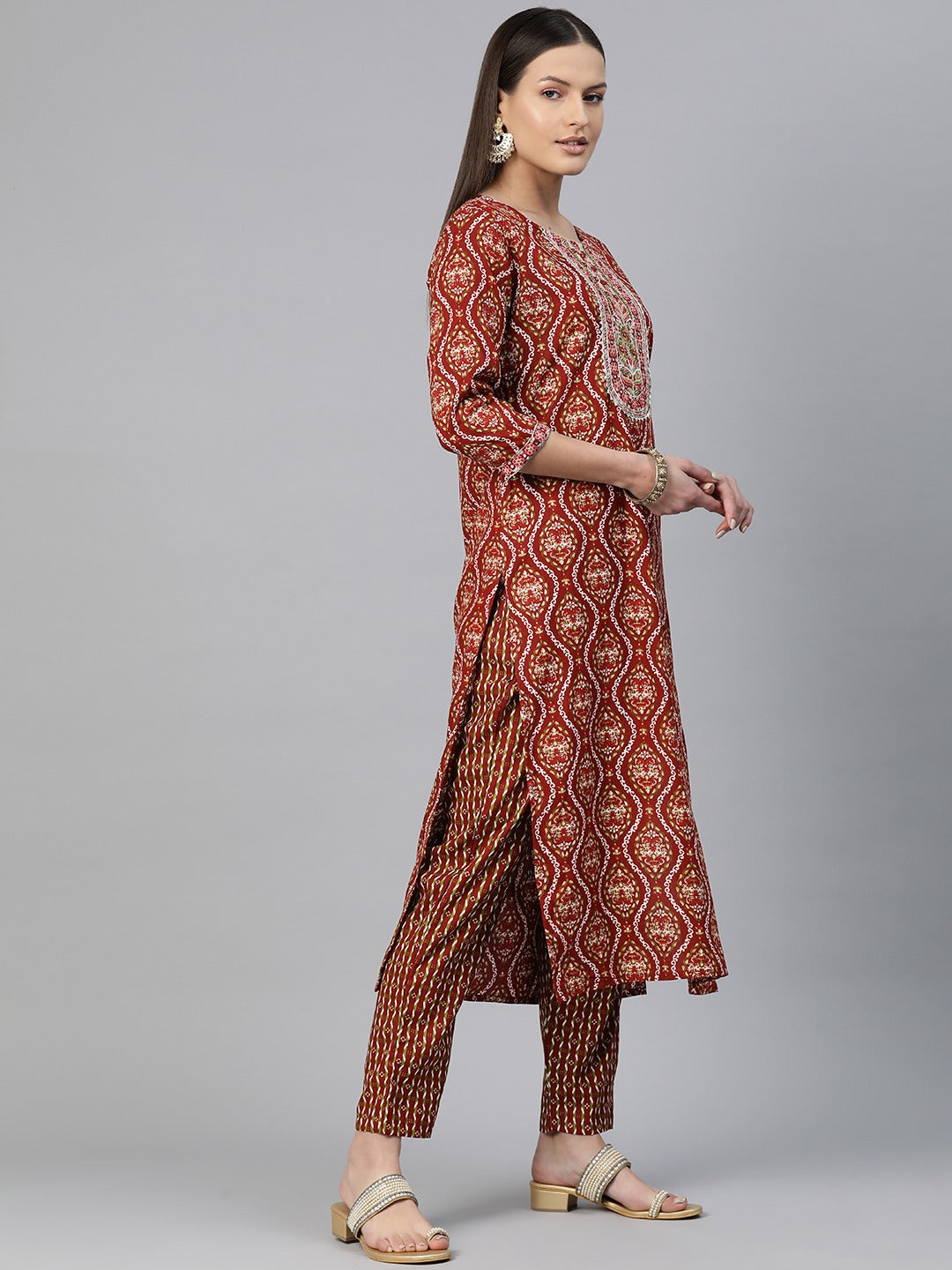 Straight Style Rayon Fabric Maroon Color Embroidered & Printed Kurti With Palazzo And Dupatta