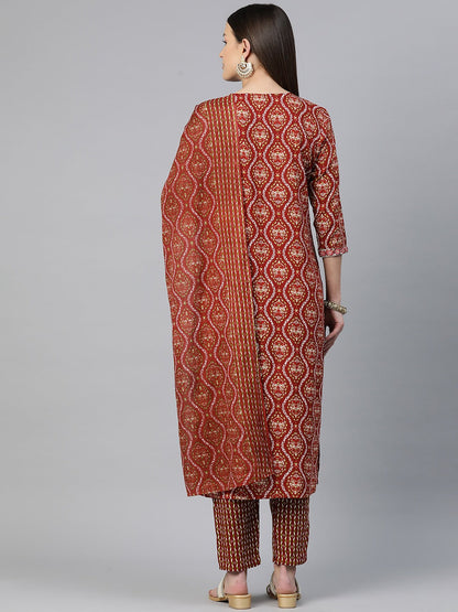 Straight Style Rayon Fabric Maroon Color Embroidered & Printed Kurti With Palazzo And Dupatta