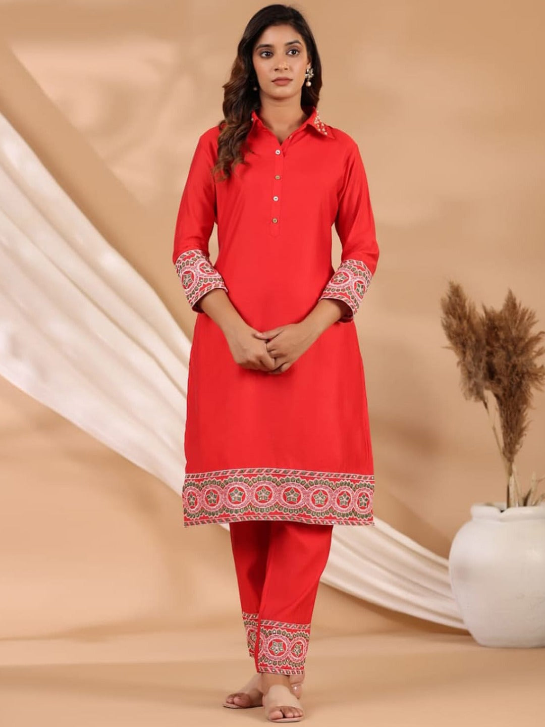 Embroidered Kurta & Trouser (Red)