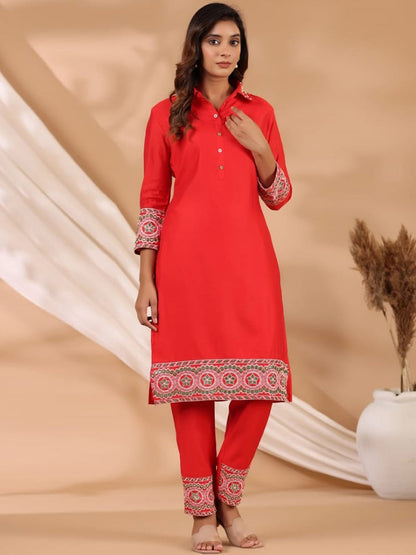 Embroidered Kurta & Trouser (Red)