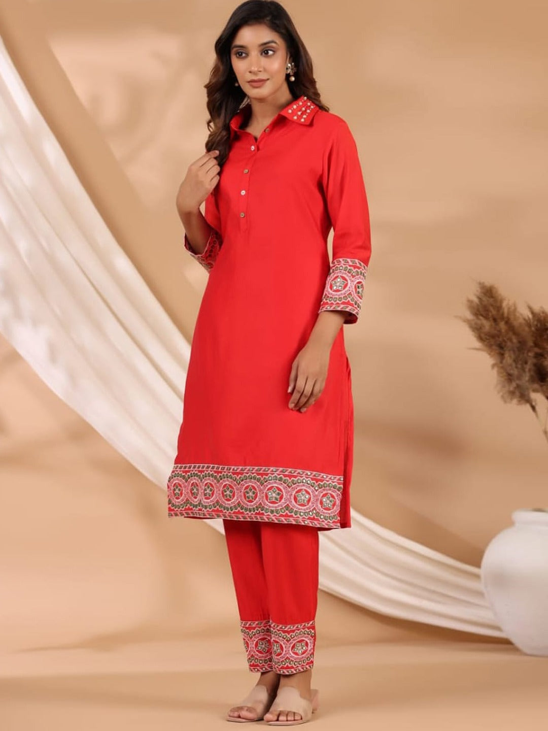 Embroidered Kurta & Trouser (Red)