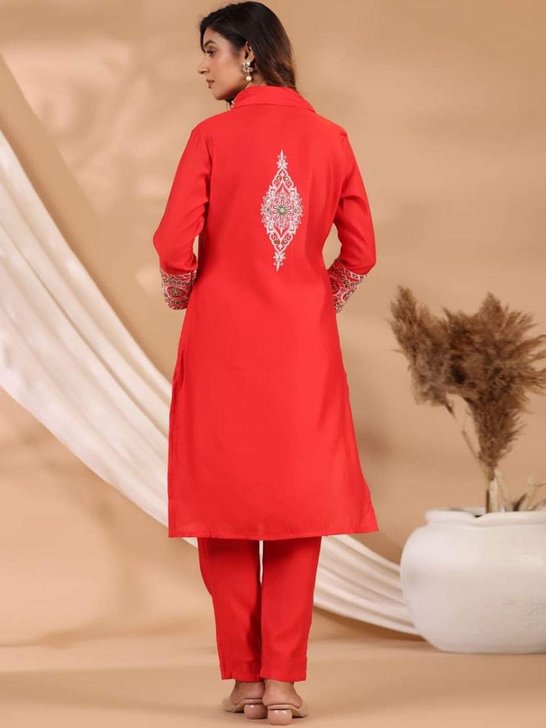 Embroidered Kurta & Trouser (Red)