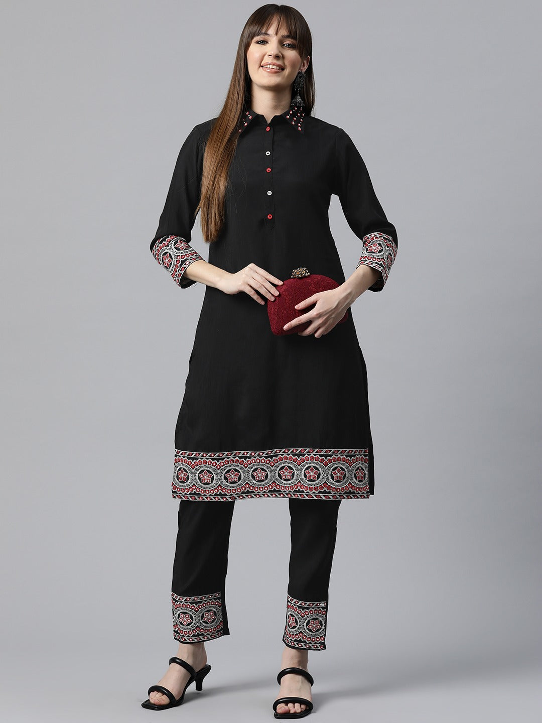 Embroidered Kurta &  Pant  (Black)