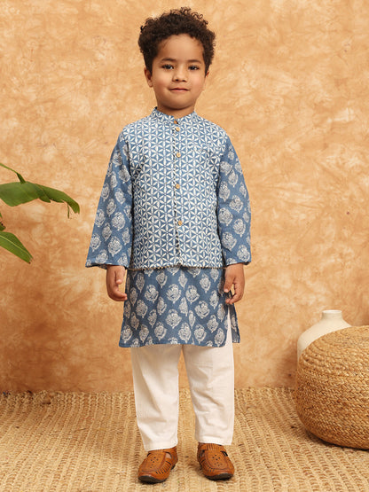 Straight Style Cotton Fabric Blue Color Printed Kurta And Pajama With Jacket In Gota Work