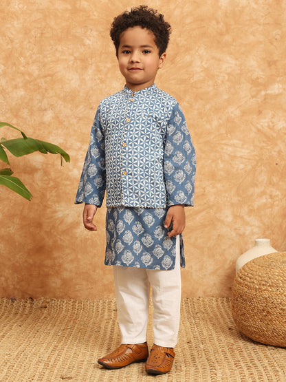 Straight Style Cotton Fabric Blue Color Printed Kurta And Pajama With Jacket In Gota Work