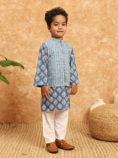 Straight Style Cotton Fabric Blue Color Printed Kurta And Pajama With Jacket In Gota Work