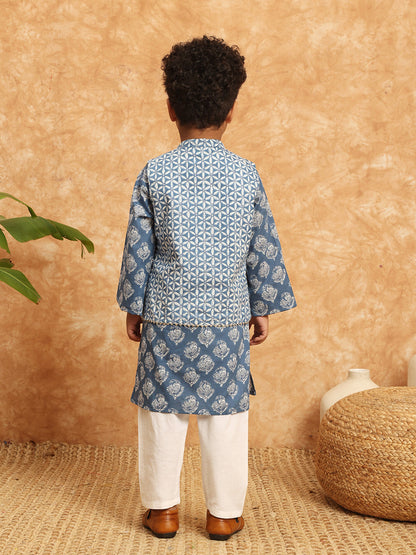 Straight Style Cotton Fabric Blue Color Printed Kurta And Pajama With Jacket In Gota Work