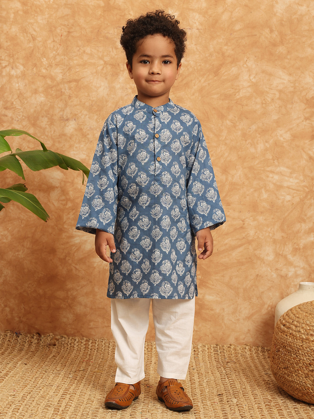 Straight Style Cotton Fabric Blue Color Printed Kurta And Pajama With Jacket In Gota Work